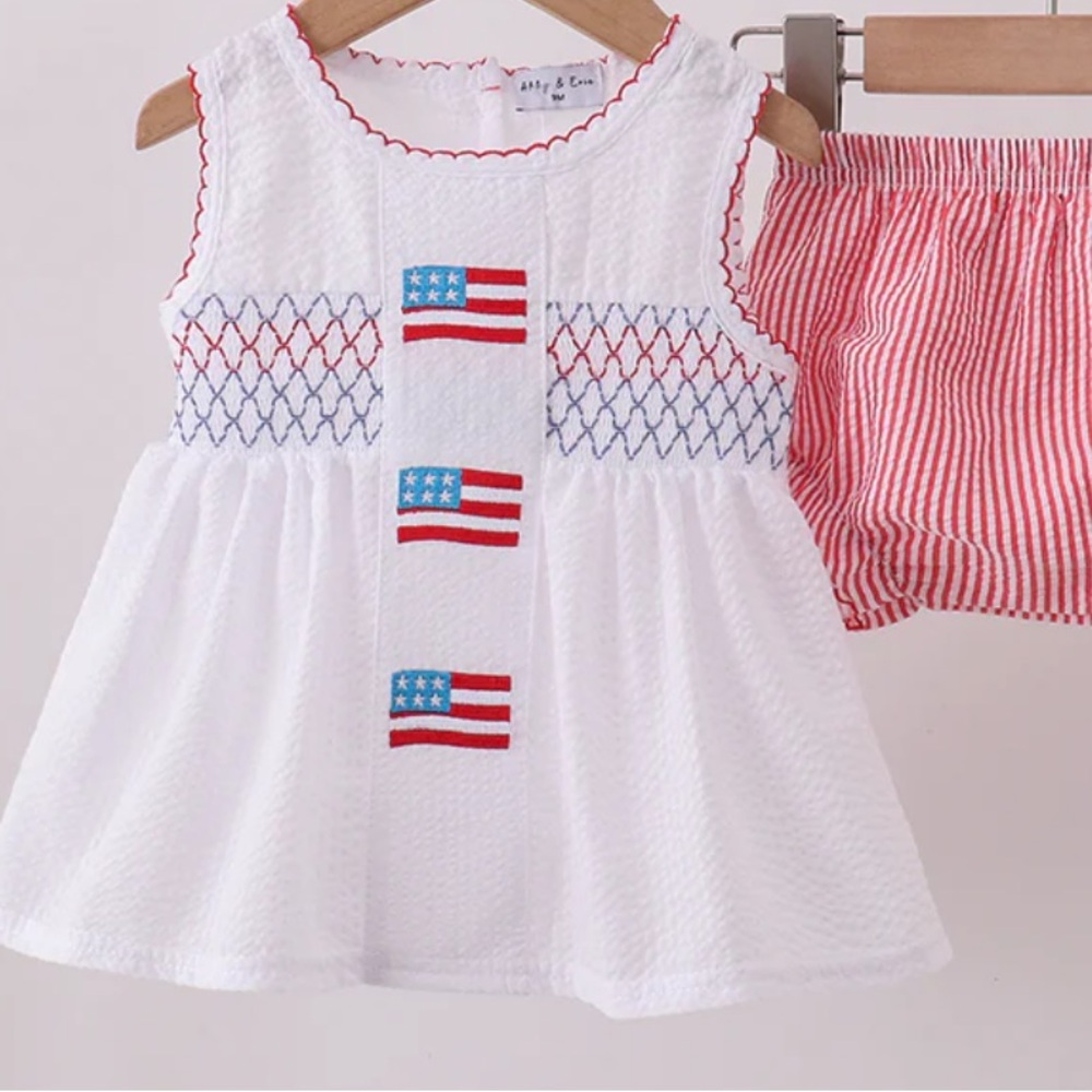 Rare Smocked Patriotic Dress with Red Seersucker Bloomers Set 4th of July 3T NWT